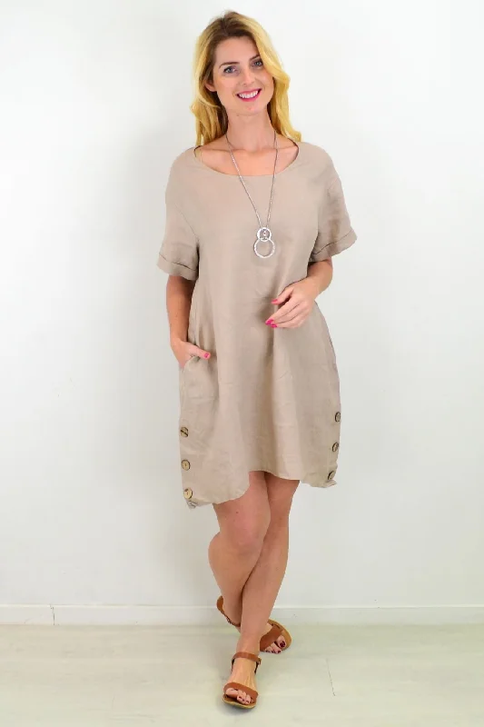 Light Taupe Natural Linen Tunic Shift Dress Feminine Women's Soft 