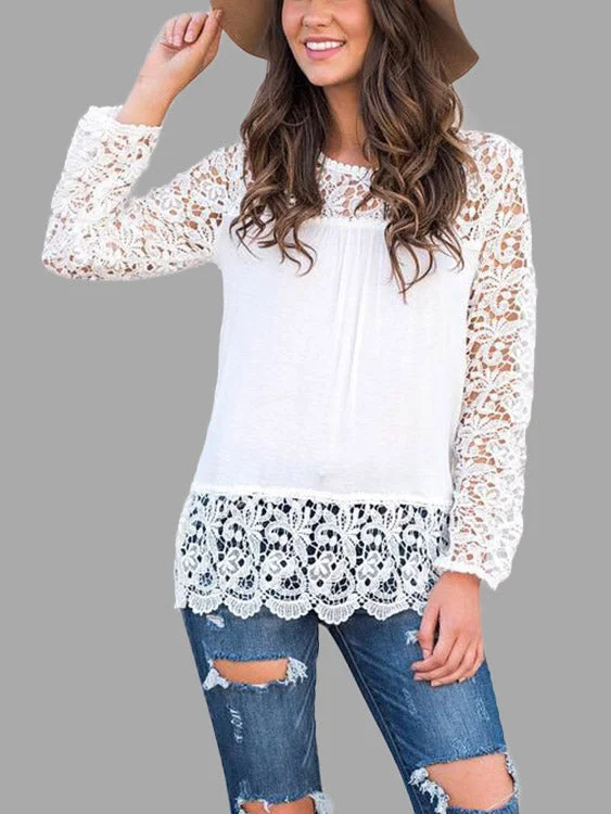 Custom Round Neck Lace Long Sleeve White T-Shirts Dapper Women's Bow - adorned
