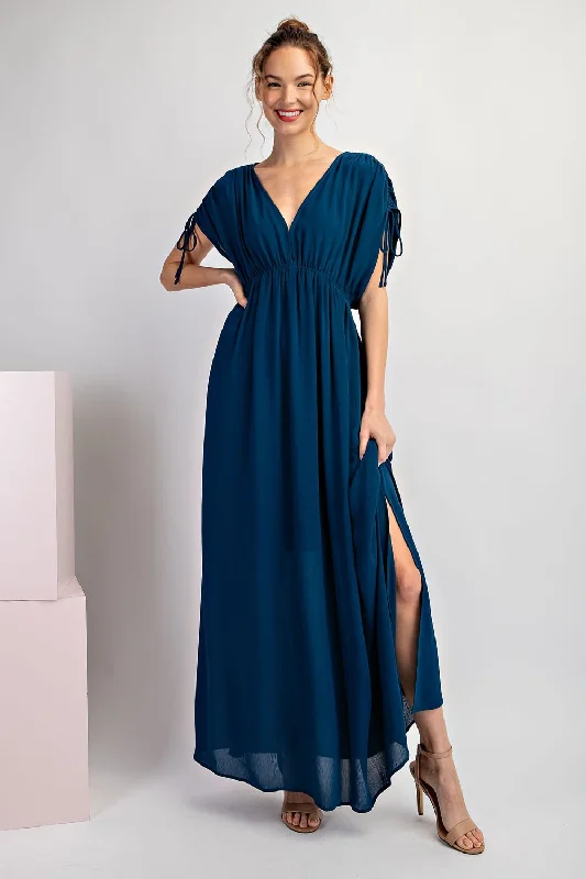 Navy Blue V-Neck Drawstring Short Sleeve Side Slit Maxi Dress Cashmere