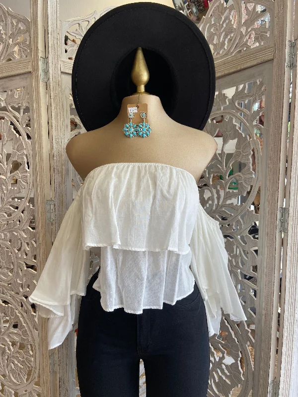 White Ruffled Long Sleeve Off Shoulder Blouse Hip Women's Retro
