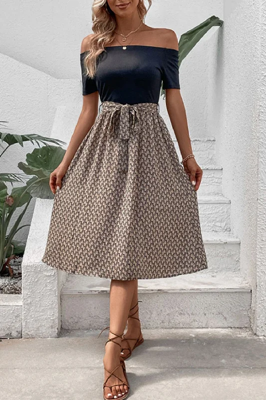 Printed Tie Belt Off-Shoulder Dress French