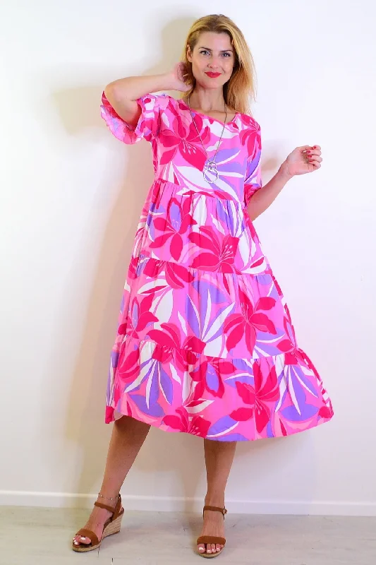 Pink Purple Floral Midi Tunic Dress Casual Women's Japanese 