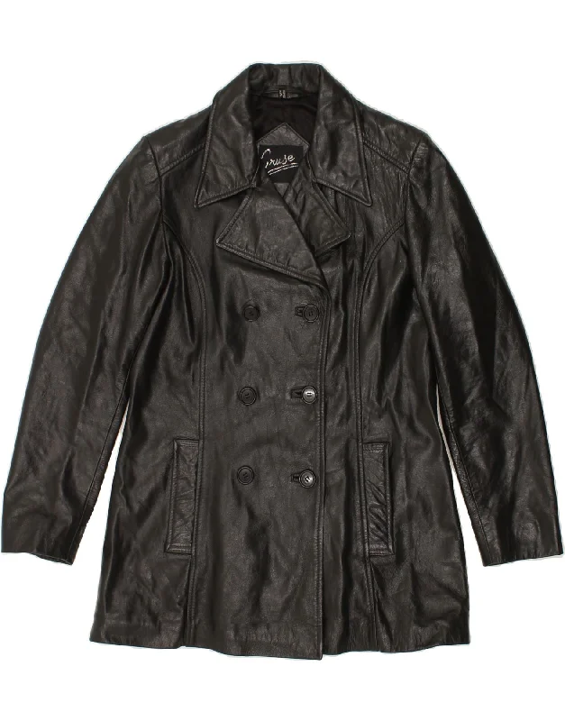 VINTAGE Womens Leather Double Breasted Coat UK 12 Medium Black Leather Monochromatic All - in - one VINTAGE Womens Leather Double Breasted Coat UK 12 Medium Black Leather Monochromatic All - in - one