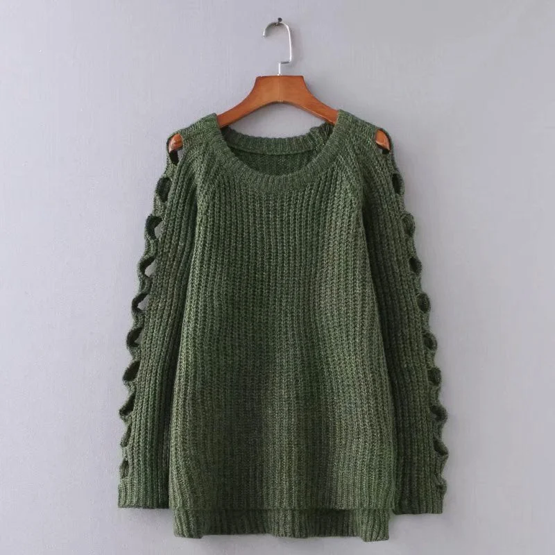 New autumn and winter pullover hollow out solid color thickened loose sweater and sweater  1373 Luxurious Women's High -  end