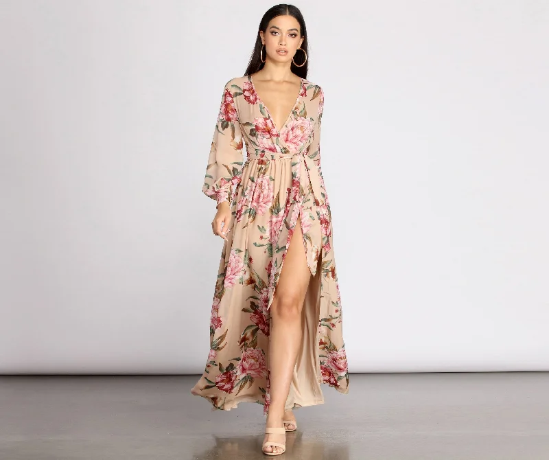 Caralisa Floral Chiffon Charming High Slit Dress Laid - back Women's Vibe