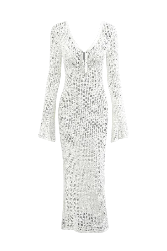 A&A V neck Flare Long sleeved Knitted Maxi Dress Women