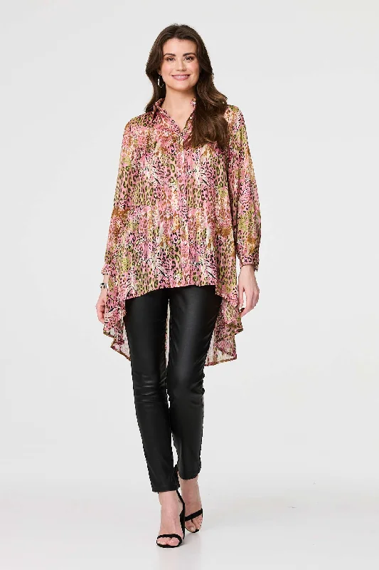 Animal Print High Low Semi Sheer Shirt Casual Women's Japanese 
