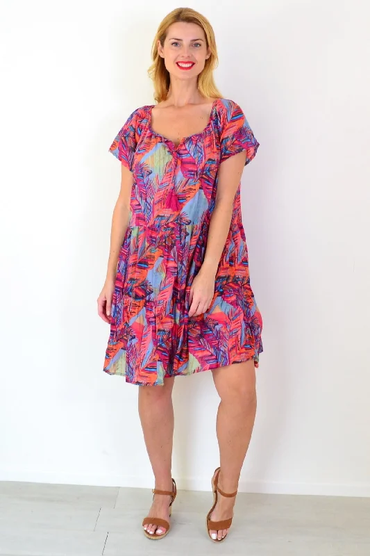 Poppy Palm Leaves Cap Sleeve Dress Traditional Women's 