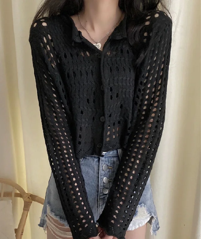 White hollow out long sleeves cropped cardigan  152 Casual Women's Loose - fitting