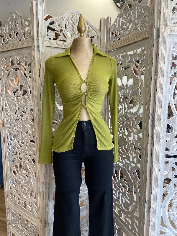 Green Sheer Button Blouse Unique Women's Upcycled