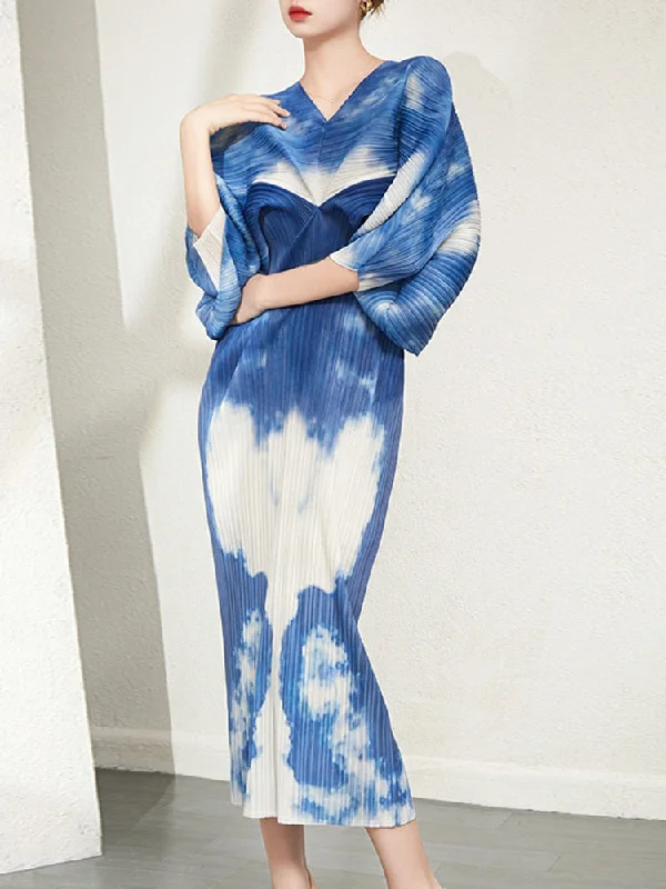 Miyake Pleated V-Neck Irregular Batwing Dress Modern Women's 