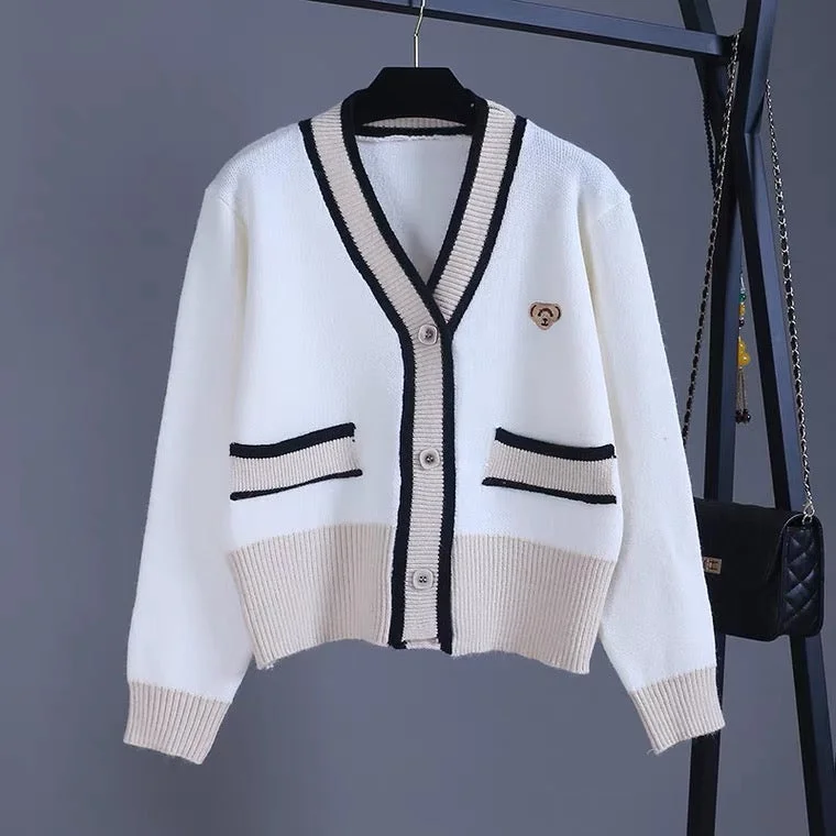 Contrast color cardigan, V-neck short sweater  1404 Country