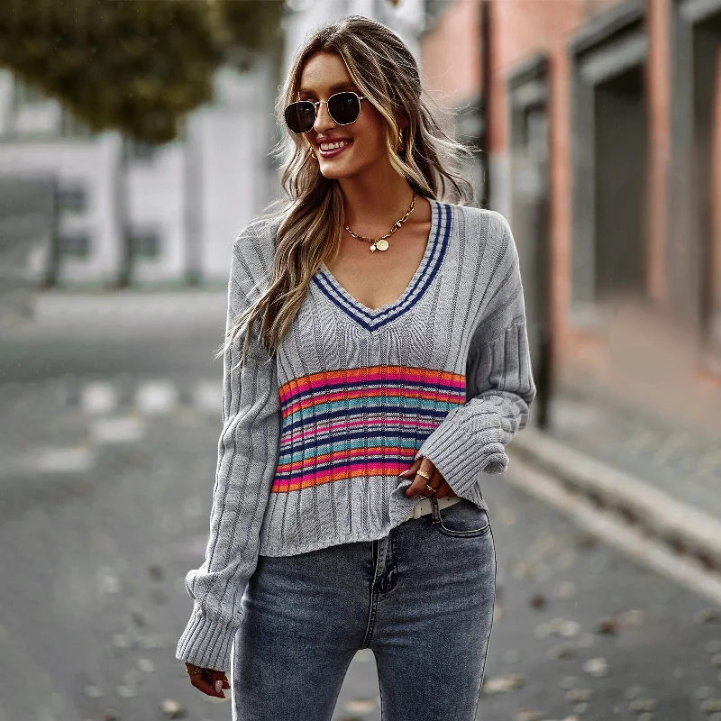 Casual Long Sleeve V-Neck Colorful Striped Sweater Wholesale Womens Tops Rugged Women's Outdoor 