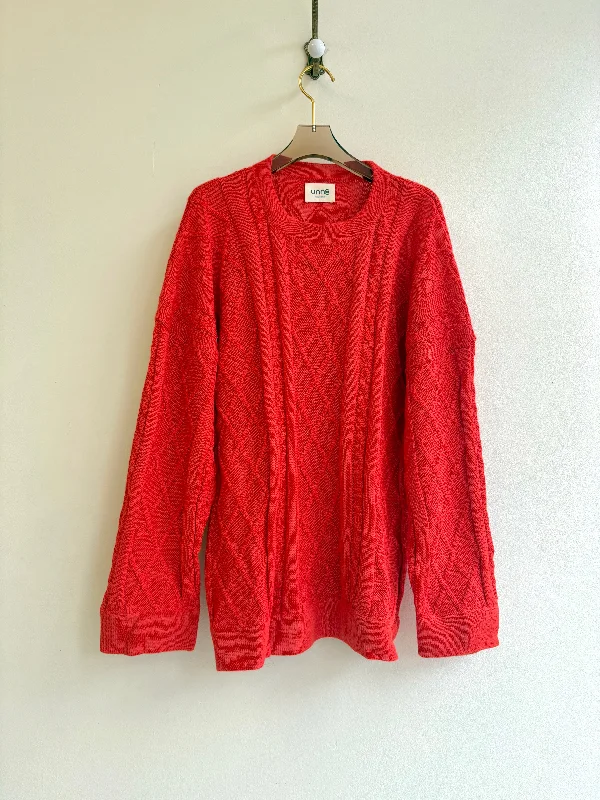 Oversized Red-Orange Alpaca Cable Knit Sweater (Unisex) Elegant Women's 