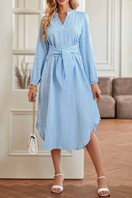V Neck Striped Tie Waist Long Sleeve Midi Dress Adventure
