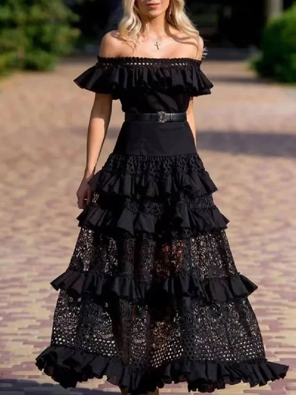 One-Shoulder Ruffled Hollow Swing Graceful Lace Patchwork Long Dress Athletic Women's High - 