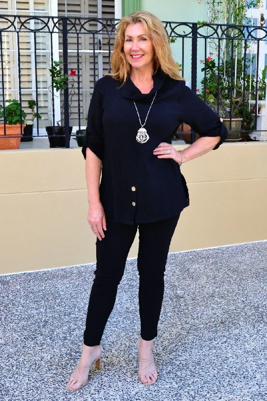 Black Rolled Neck Coconut Button Tunic Top Country