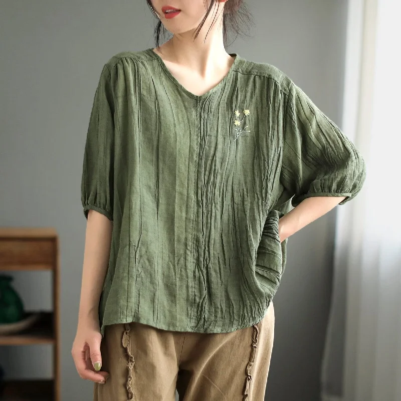 Women Retro Pleated Summer Half Sleeve Linen T-Shirt Sustainable Organic