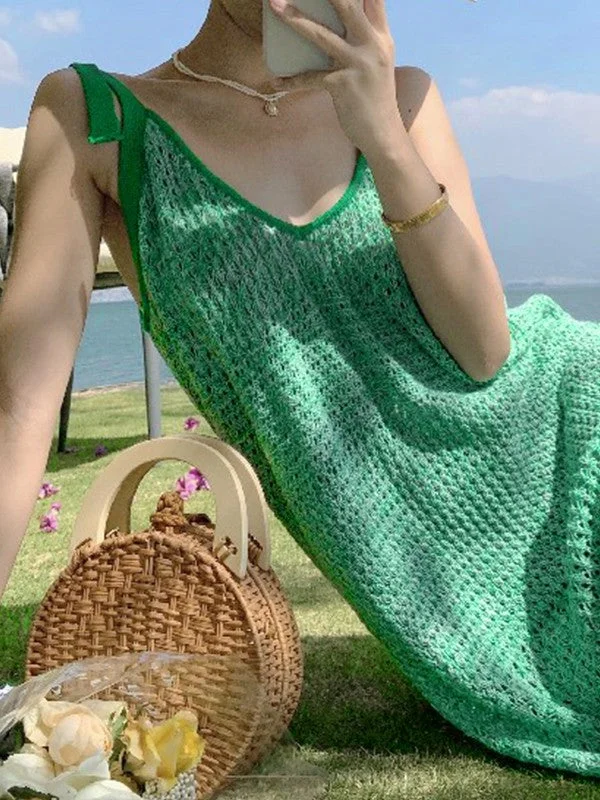 Lace Up Green Crochet Knit Maxi Dress Relaxed Women's 