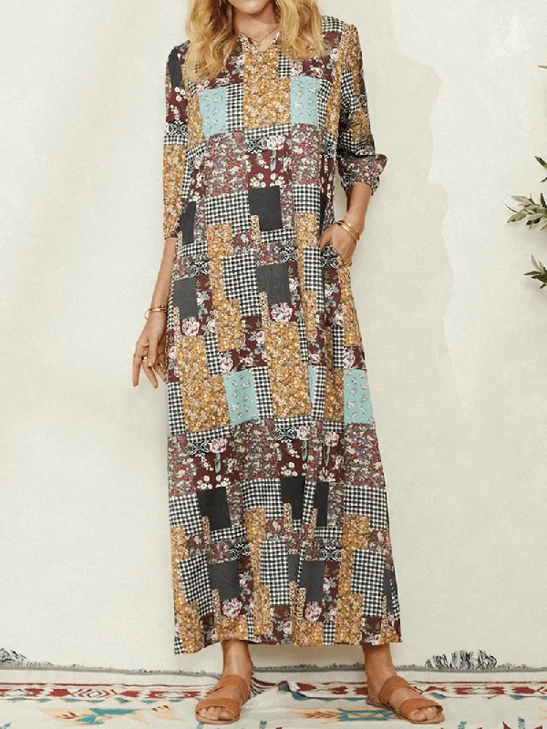 Women Colorblock Floral Plaid Print Vintage Maxi Dress with Pocket Geometric
