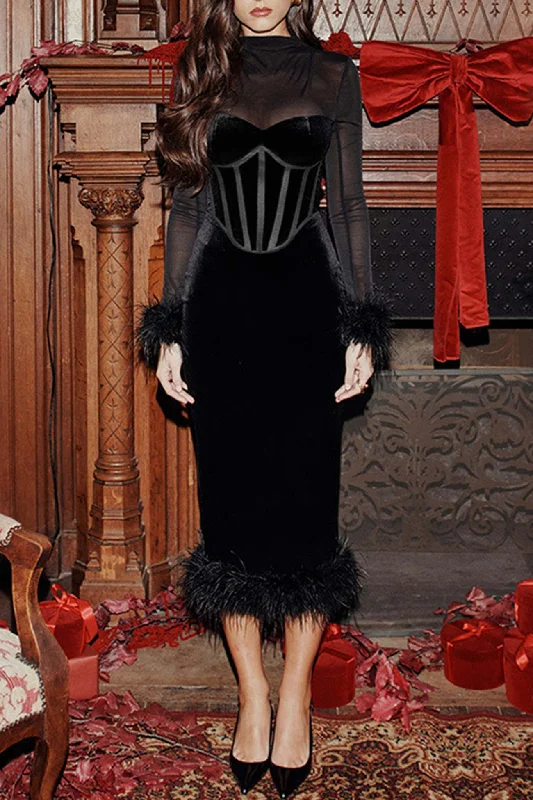 Mesh Velvet Patchwork Fuzzy Hem Slit Dress Artistic Women's Avant - 