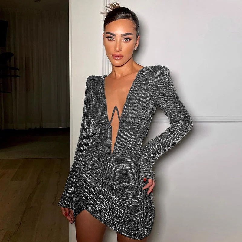 BerriesJam - Shiny Deep V Neck High Waist Ruched Draped Club Dress Compression