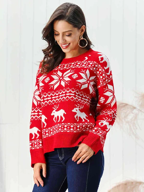 Reindeer & Snowflake Round Neck Sweater Casual Women's Japanese 