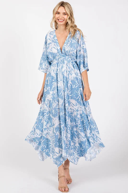 Blue Printed V-Neck Draped Maxi Dress Sleek Women's Metallic