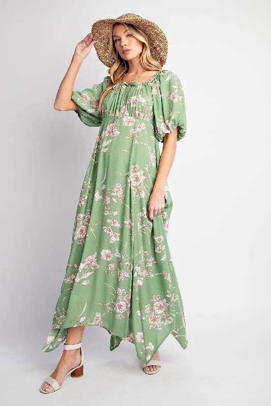 Light Olive Floral Puff Sleeve Maxi Dress Scandinavian