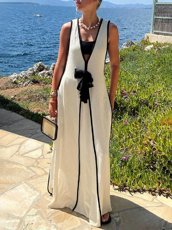 Contrast Color Self-Tie Charming Flowy Oversized Maxi Dress Stylish Women's Neon