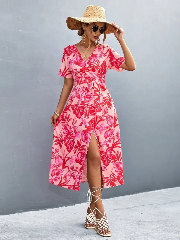 Floral Print High Slit Surplice Neck Tie Waist Midi Dress Practical Women's Multi - 