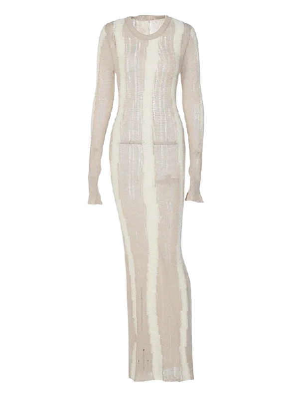 A&A Frayed Knit Sheer Long Sleeve Maxi Dress Sophisticated Women's Tailored