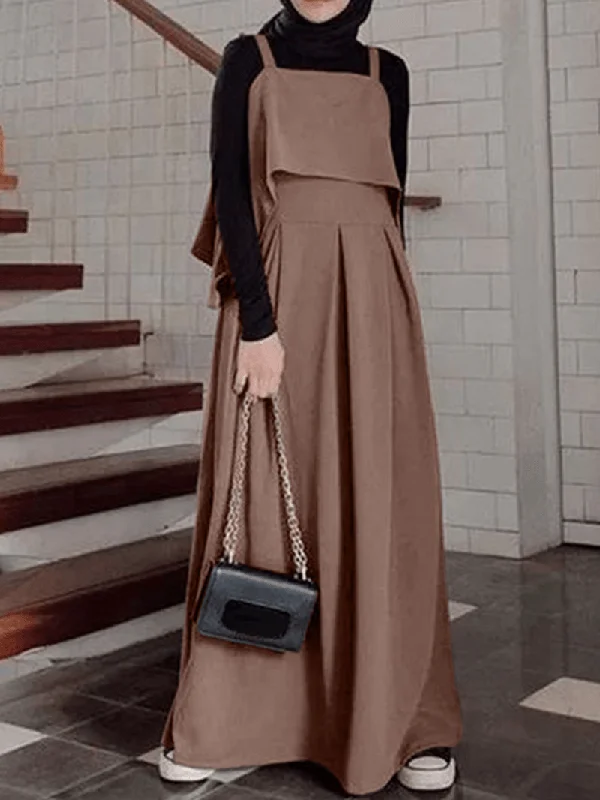 Women Solid Color Sleeveless Ruffles Hem Loose Baggy Causal Maxi Dress Casual Women's Loose - fitting