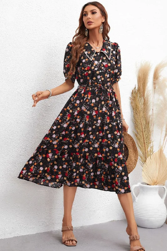 Floral Collared Neck Puff Sleeve Dress Traditional Women's Wool