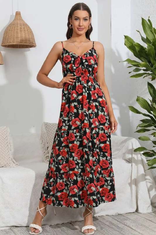 Rose Print Spaghetti Strap Sweetheart Neck Dress Monochromatic All - in - one