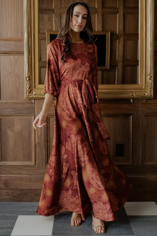 Paula Satin Maxi Dress | Terracotta Floral Unique Women's Upcycled