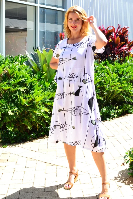 White Linen Cotton Print Tunic Dress Earthy Women's 
