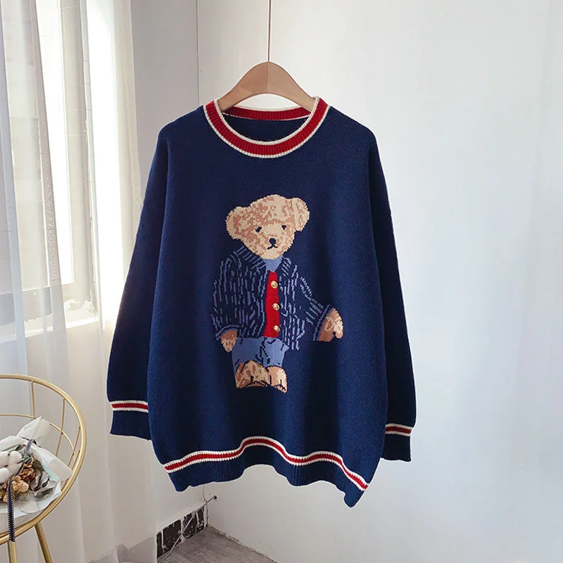 College style cute cartoon bear sweater round neck Pullover  4935 British Gentlewoman Style