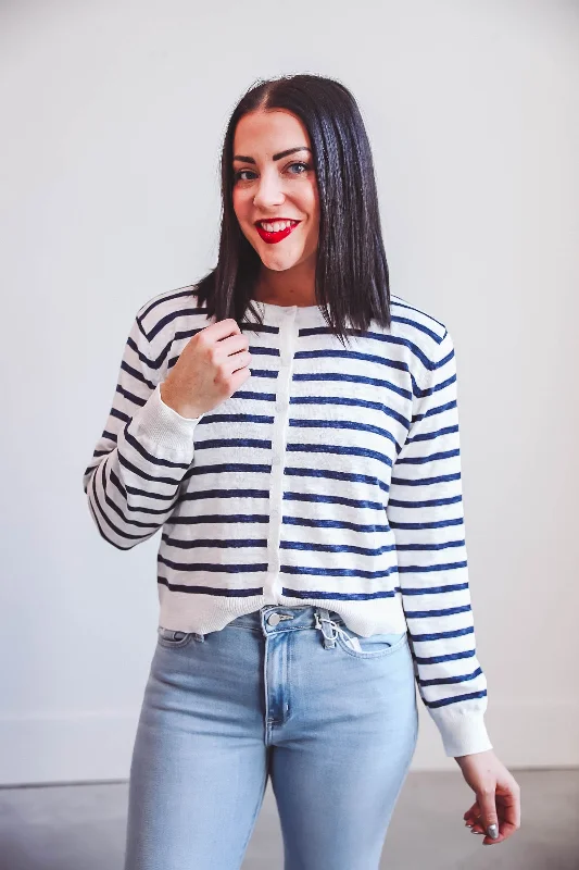 Joanna Striped Cardigan-White/Navy Gym