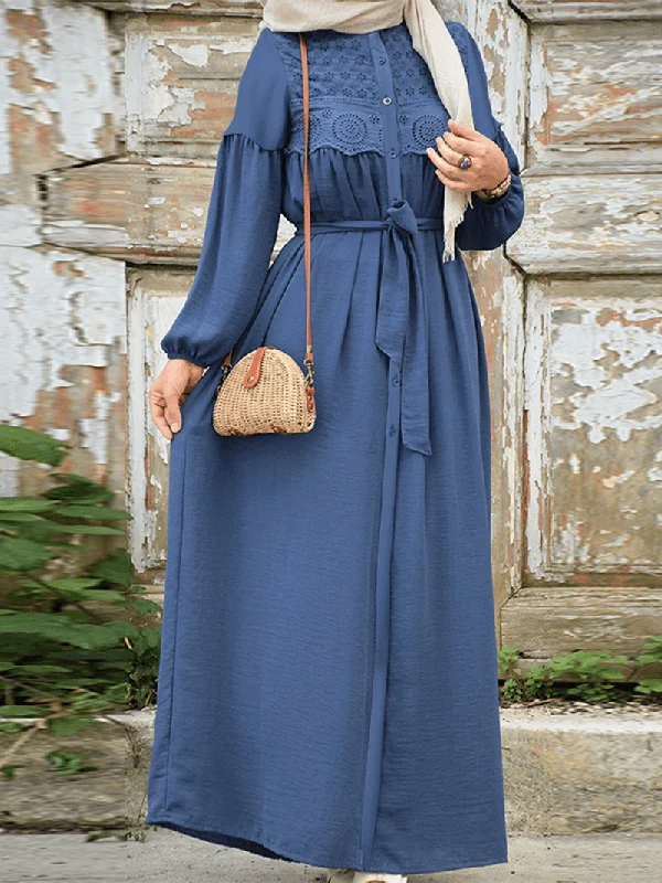 Women Lace Trims Patchwork Solid Vintage Lace-Up Long Sleeve Casual Dress performance