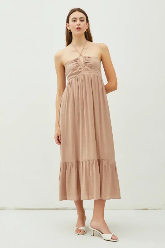 Taupe V-Front Halter Midi Dress Trendy Women's Oversized