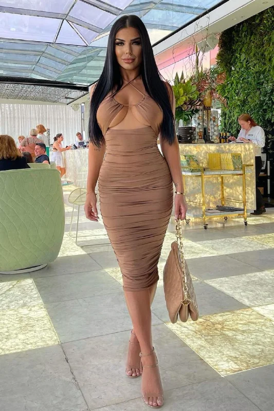 Gia Midi Dress - Brown Practical Women's Quick - dry