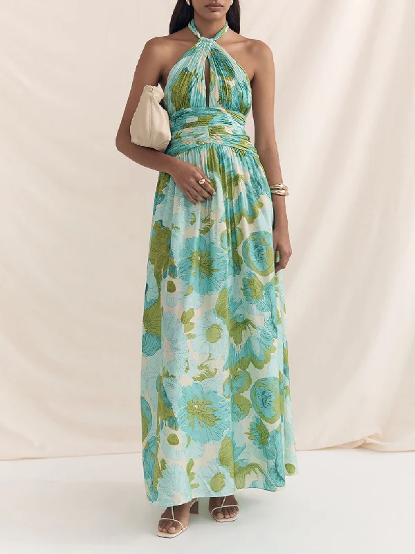Elegant Versatile Halter Neck Graceful Printed Pleated Maxi Dress Bold Women's Statement