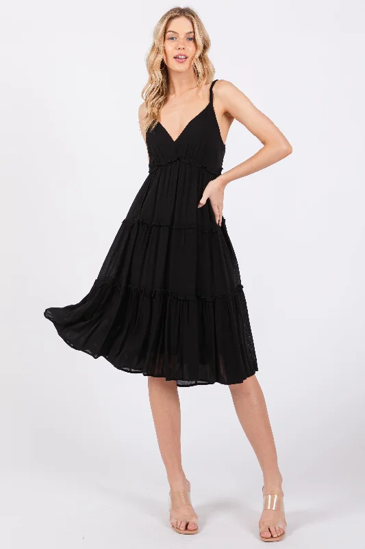 Black Ruffle Tiered Cutout Back Tie Dress Luxurious Women's High -  end