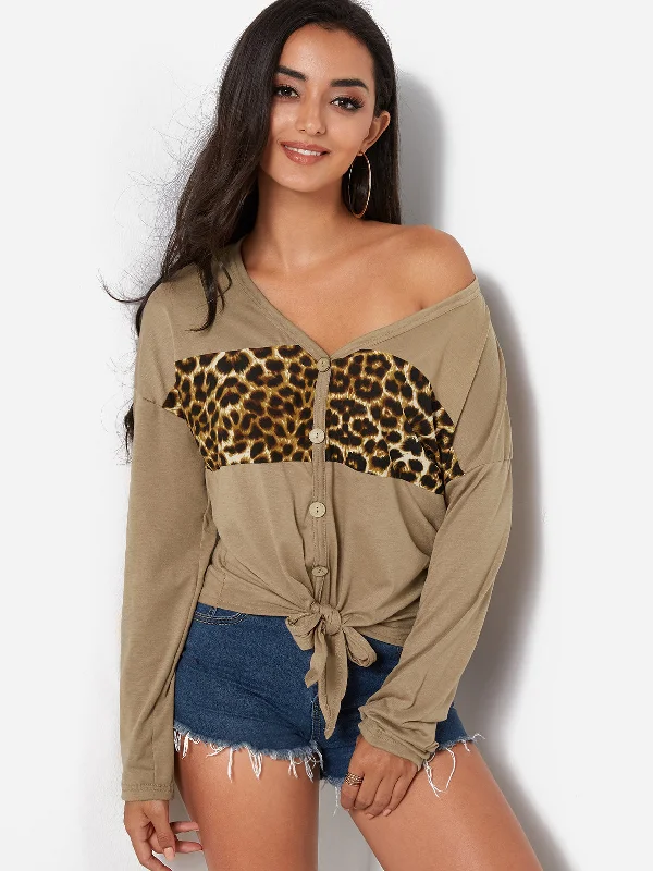 Custom V-Neck Leopard Khaki T-Shirts Traditional Women's 