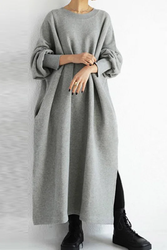 Solid Crew Neck Slit Sweatshirt Dress Casual Women's Japanese 