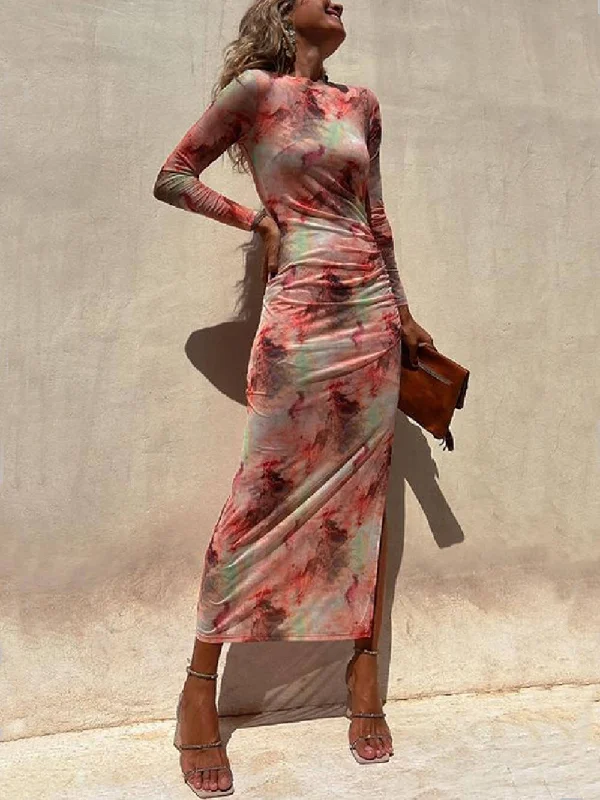 Charm Lady Mesh Overlay Tie Dye Modern Print Long Sleeve Ruched Stretch Midi Dress Dapper Women's Bow - adorned Charm Lady Mesh Overlay Tie Dye Modern Print Long Sleeve Ruched Stretch Midi Dress Dapper Women's Bow - adorned