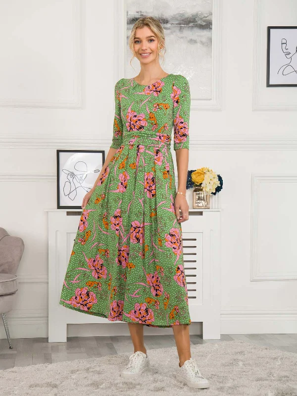 Kimberly Jersey 3/4 Sleeve Maxi Dress, Green Floral Cozy Women's Winter
