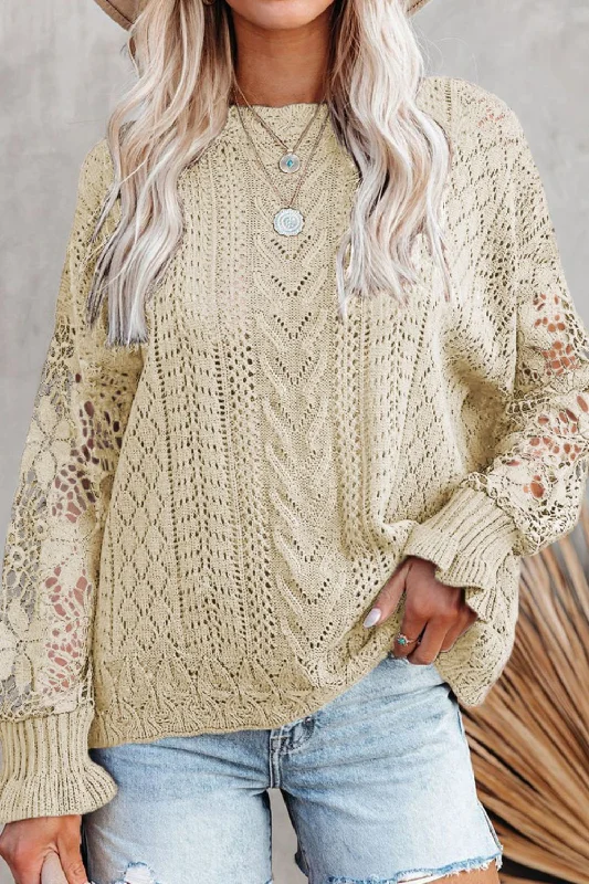 Openwork Round Neck Long Sleeve Sweater Scandinavian