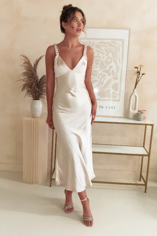 Bethanie Soft Satin Maxi Dress | Champagne Preppy Women's College